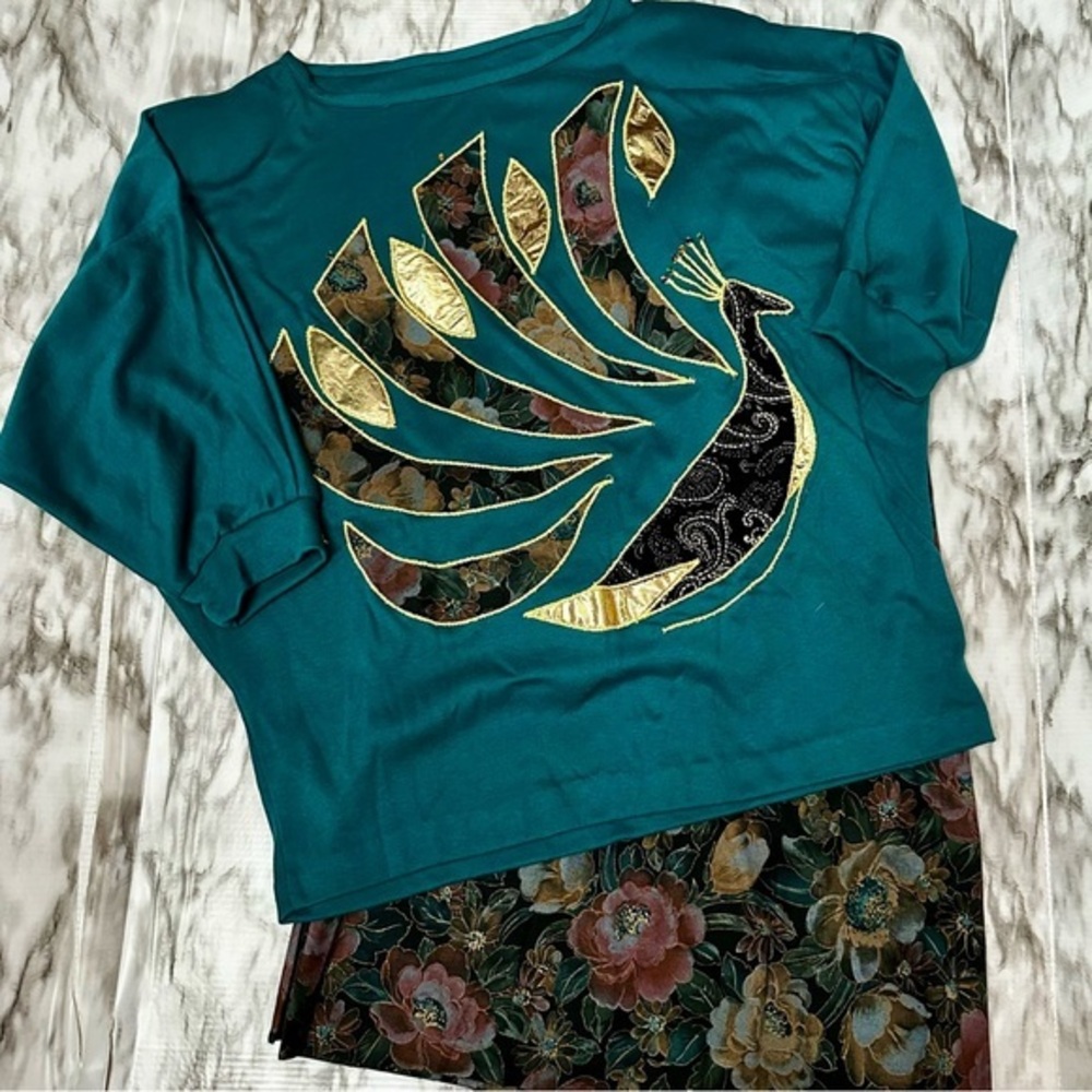 Teal and Gold Midi Floral Skirt And Top Peacock Embellishment Dolman Sleeve 80s